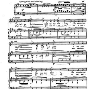 May include: Sheet music for the song "Autumn Leaves" with lyrics in both English and French. The music is written in the key of G (E Minor) (B-D) and includes the lyrics "The fall-ing leaves drift by the win-dow, C'est une chan-som, Qui nous res-sem-ble, The AU-TUMN Toi tu m'ai-"