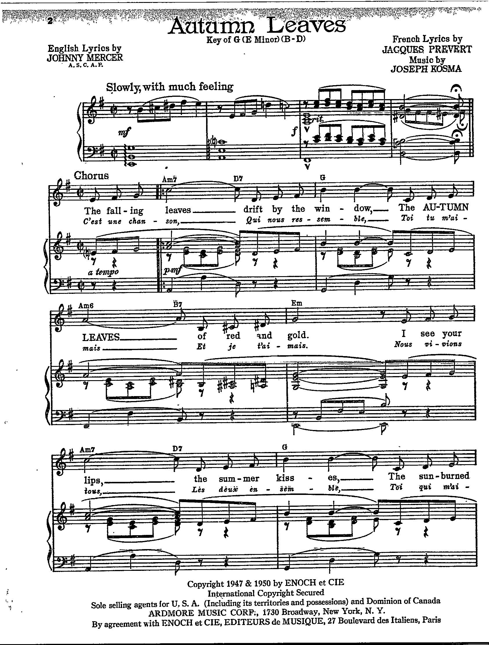 Autumn Leaves by Johnny Mercer Digital Sheet Music Piano Vocal Guitar