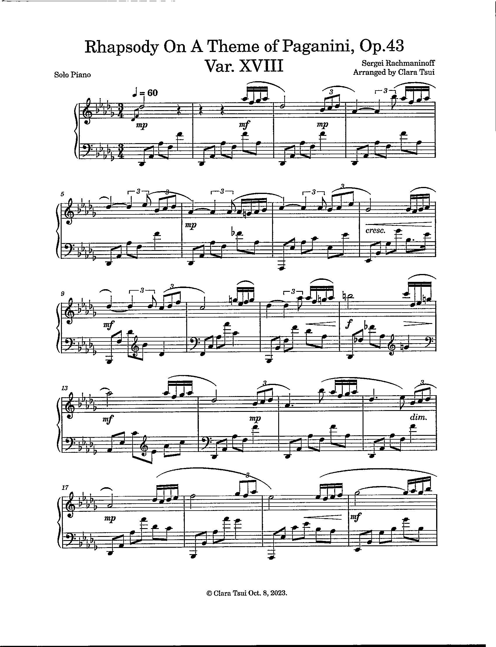 Rhapsody on a Theme of Paganini Op.43 Var. XVIII - Digital Solo