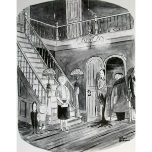 Puede incluir: Ilustración en blanco y negro de un interior gótico. Una escalera conduce a un segundo piso. Varias figuras están en la entrada, incluyendo una mujer con un vestido largo y un hombre con un abrigo. El estilo recuerda a una caricatura.