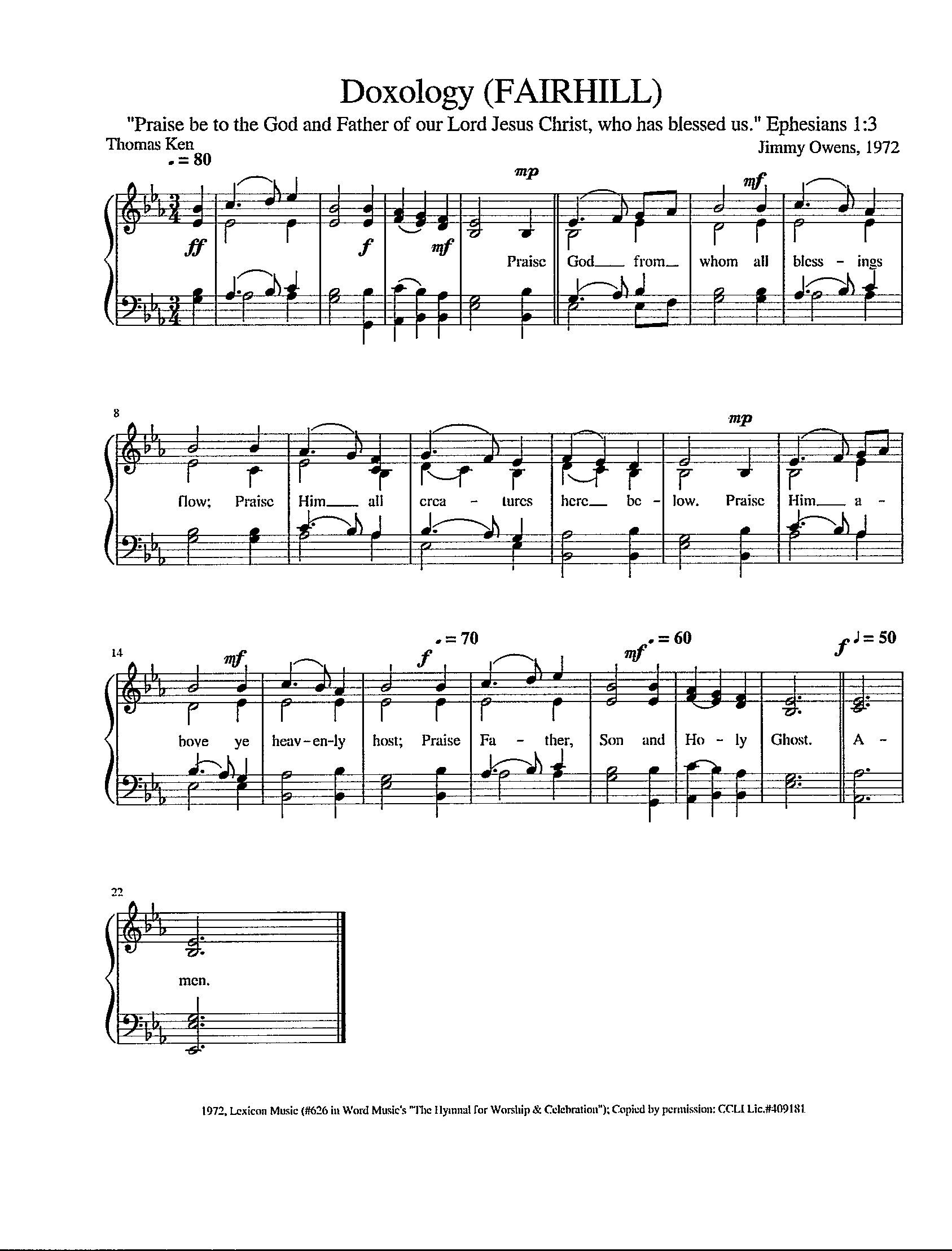 Doxology (Fairhill) by Tommy Owens 1972 - Digital Download Hymn - Key of E Flat