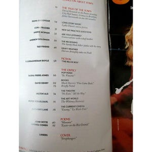 May include: A magazine page featuring a table of contents with various articles. The titles include "The Talk of the Town," "Long Story Short," and "Heavy Weather." The page has a white background with black text.