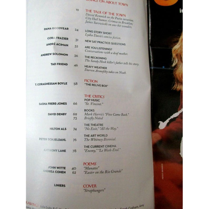 May include: A magazine page featuring a table of contents with various articles. The titles include "The Talk of the Town," "Long Story Short," and "Heavy Weather." The page has a white background with black text.