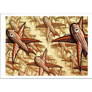 May include: A print showing a repeating pattern of stylized fish in orange and white. The fish have large eyes and wing-like fins, set against a beige background. The artwork has a vintage, graphic style, reminiscent of a woodcut.