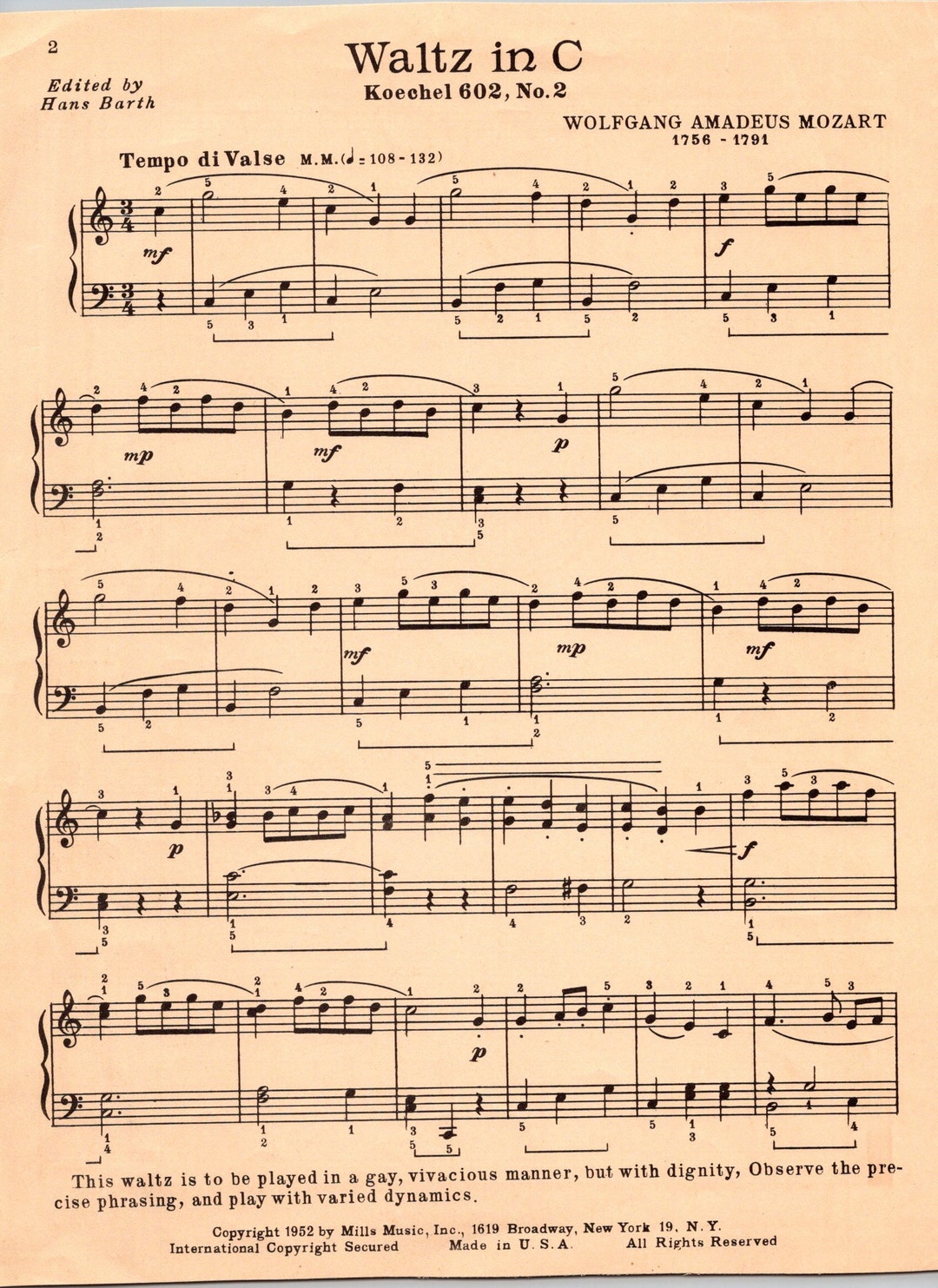 Waltz in C - Koechel 602 No. 2 by Wolfgang Amadeus Mozart - Easy