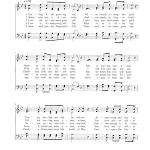 May include: Sheet music for "Silver Threads Among the Gold" by Eben Rexford and Richard W. Adams, 2019. The black and white musical score includes lyrics and musical notation. The title is at the top, with the composer's names and year.