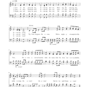 Puede incluir: Una partitura musical para el himno "Low in the Grave He Lay" de Robert Lowry. Las letras están impresas en tinta negra sobre un fondo blanco. La música está escrita en clave de sol e incluye las palabras "Jesús mi Salvador" y "¡Él resucitó!"