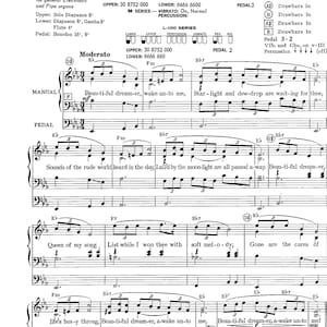 May include: A sheet music page for the song "Beautiful Dreamer" by Stephen Foster, arranged by Mark Laub. The sheet music includes the lyrics and musical notation for the song. The song is written in the key of F major and is in 4/4 time. The sheet music also includes suggested organ registrations for different models.