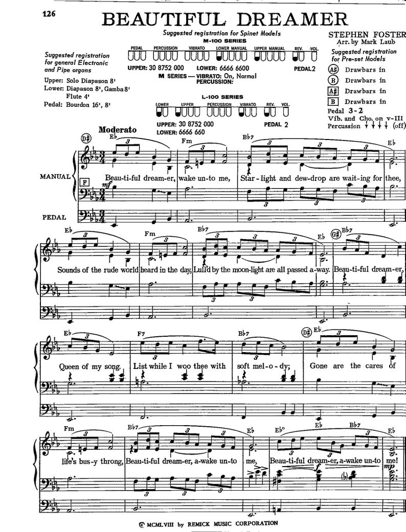 Beautiful Dreamer - Digital Organ Sheet Music Key of E Flat ...