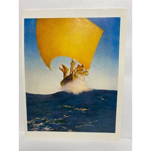 May include: A vintage illustration of a small boat with a yellow sail and several people on board. The boat is sailing on a blue ocean with white waves.