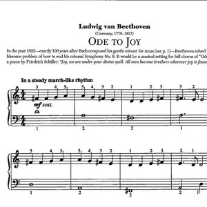 Könnte beinhalten: Noten für "Ode an die Freude" von Ludwig van Beethoven. Der Text enthält den Namen und die Daten des Komponisten sowie Noten und Liedtexte. Die Musik ist in einem gleichmäßigen Marschrhythmus geschrieben.