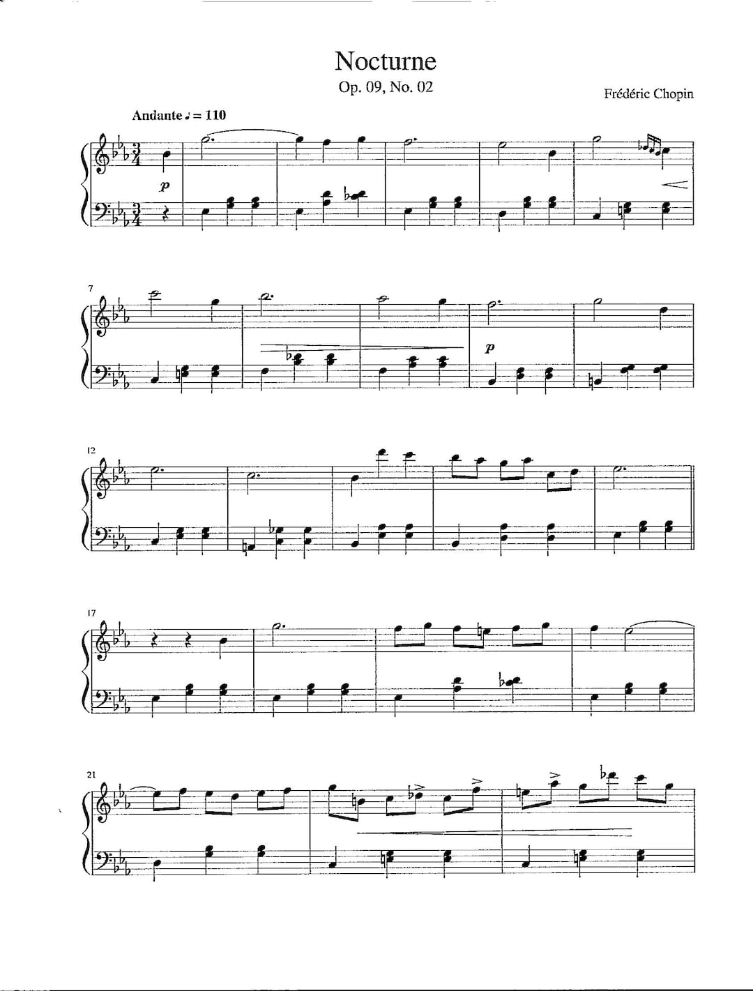 Digital piano solo classic sheet music for Frederic Chopin Nocturne Op. 9 No. 2