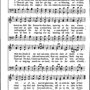 May include: A vintage sheet music page with the title "Joyful, Joyful, We Adore Thee". The music is written in black ink on a white background. The lyrics are also included on the page. The music is for a hymn or choral piece.