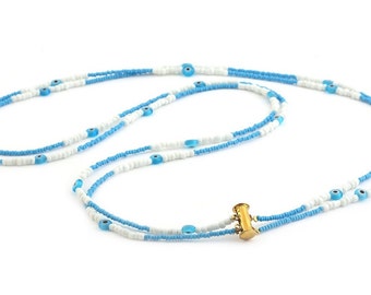 Evil Eye Protection Beaded Belly Chain for Her, Beach Body Gold Waist Beads, Blue and White Beads Belly Chain, Summer Beachwear Jewelry Gift