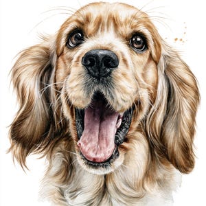 Könnte beinhalten: Eine detaillierte digitale Illustration eines goldbraunen Cocker Spaniels mit langen, welligen Ohren, großen dunklen Augen und einer schwarzen Nase. Der Hund ist mit geöffnetem Maul, sichtbarer Zunge und einem fröhlichen Ausdruck dargestellt.