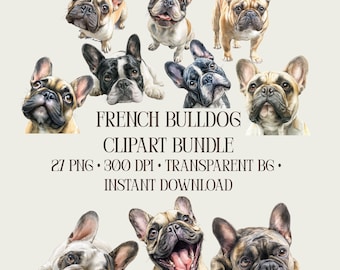 French Bulldog Clipart Bundle: 27 Funny Watercolour PNG Images + Bonus MP4 Video