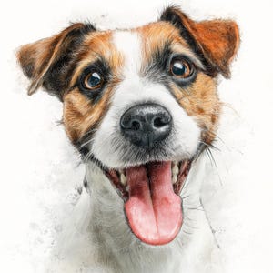 May include: A detailed portrait of a Jack Russell Terrier with a happy expression. The dog has brown and white fur, with a pink tongue hanging out. The image is set against a white background, highlighting the dog's features.
