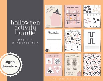 May include: A digital download bundle of Halloween activity sheets for preschool and kindergarten children. The bundle includes activities such as making a ghost face, Halloween bingo, tic-tac-toe, counting practice, cutting practice, and a Halloween word search.