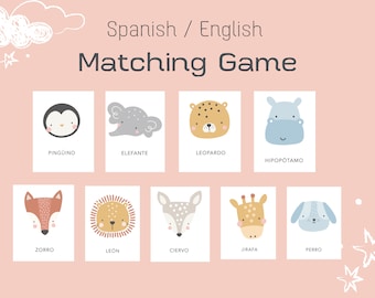 Bilingual Animal Matching Game, Preschool Activity, English/Spanish, Kids activity, Toddler play, Toddler Activities, Homeschool