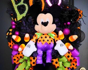 Mickey Halloween Wreath: Plush, Spider, Candy Corn, Boo Sign
