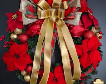 Red and Gold Ornament Poinsettia Wreath