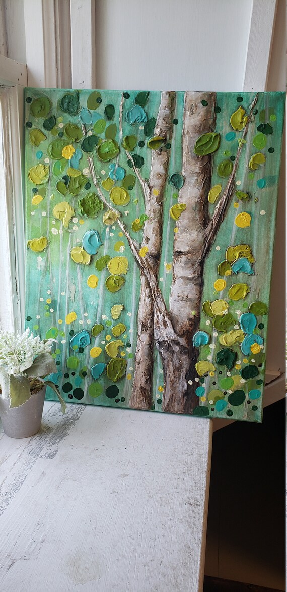 Mixed Art & Collectibles Painting Mixed Media Birch Trees Abstract ...