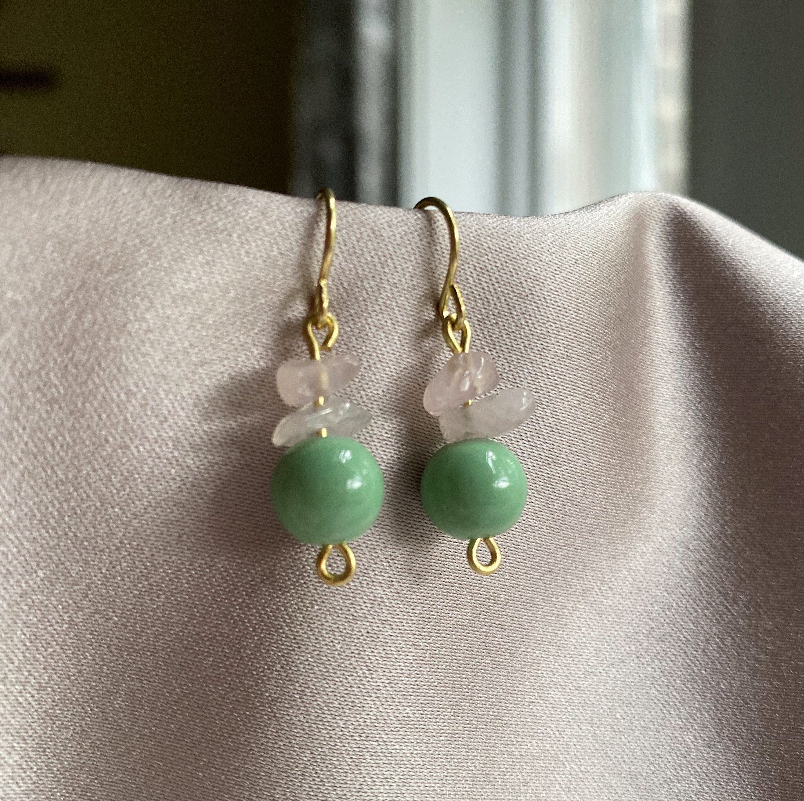 Mint Green Rose Quartz Dangle Earrings Gold Pastel Dangle | Etsy