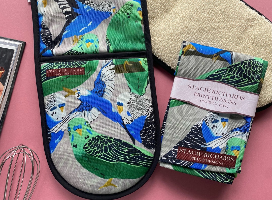 Budgie Tea Towel and Oven Glove Set Etsy UK