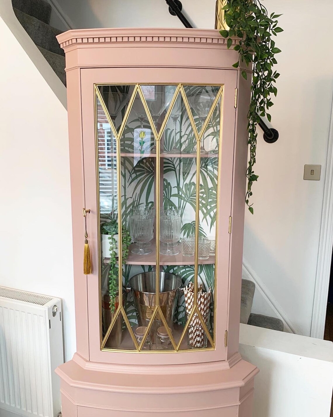 SOLD Bespoke Pink Display With Tropical Print Interior / Drinks