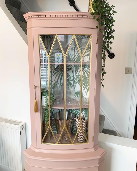 SOLD Bespoke Pink Display Cabinet With Tropical Print Interior Drinks Cabinet Corner Cabinet Gin Cabinet Etsy