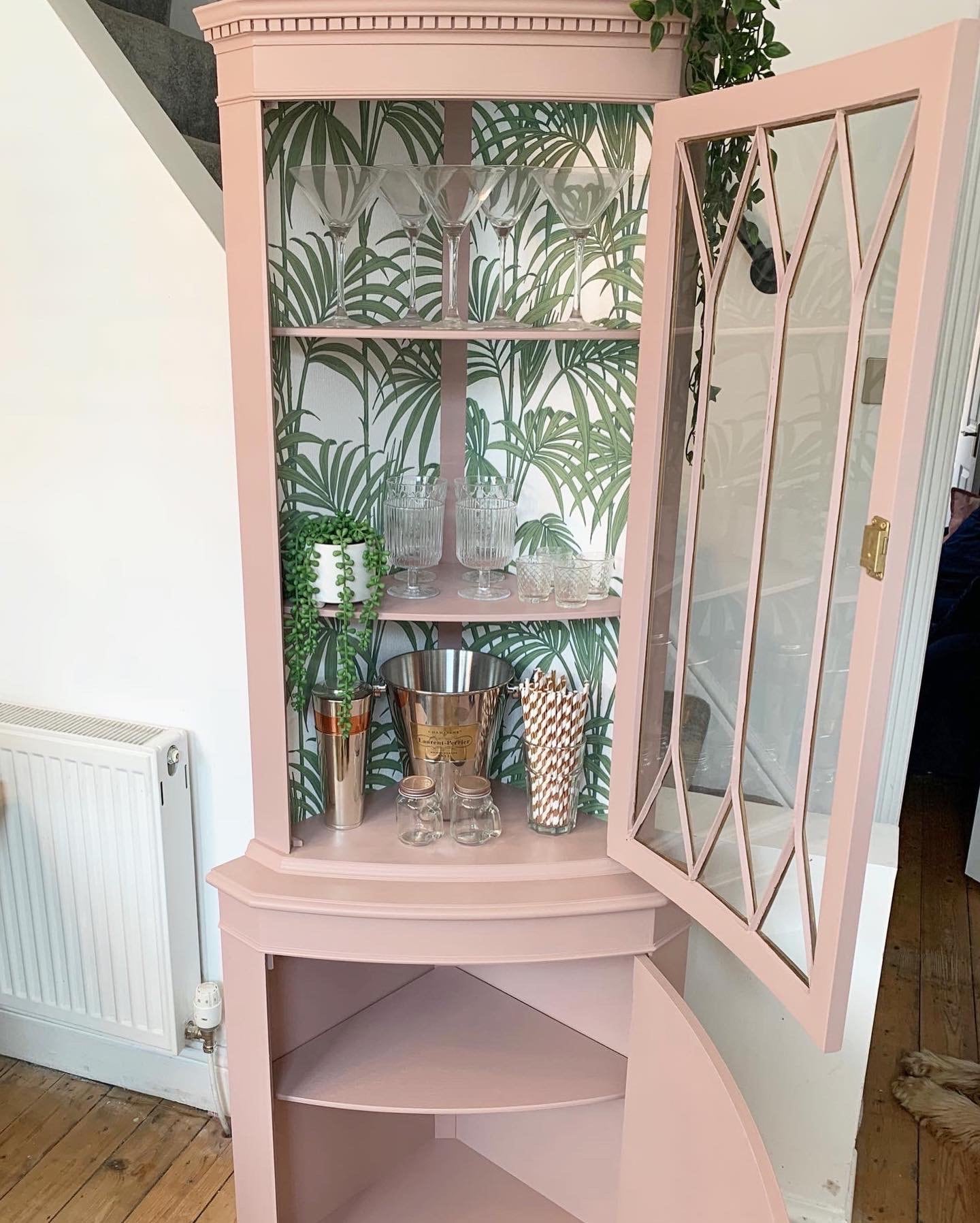 SOLD Bespoke Pink Display With Tropical Print Interior / Drinks