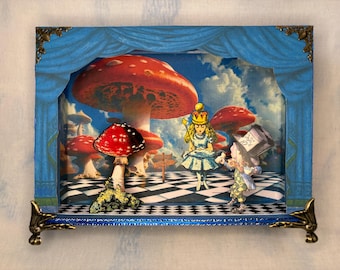 Alice and Mad Hatter among giant mushrooms diorama, Wonderland scene