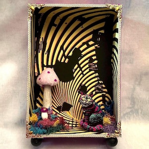 Alice in Wonderland psychedelic, kitschy, diorama with Cheshire Cat