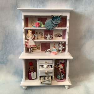 Alice in Wonderland themed doll house miniature cupboard with mini book and added options