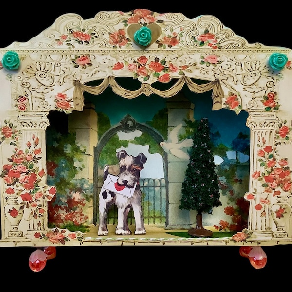 Victorian valentine diorama, puppy delivers love letter