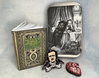 Edgar Allan  Poe altered tin with mini book, enamel pin and magnet