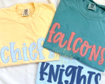 comfort colors embroidered school letter applique t-shirt, tone on tone, any word, dance team shirt, school mascot shirt, college shirt