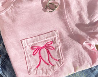 cute coquette bow pocket tee, cute ribbon bow comfort colors shirt, trendy bow t-shirt, bow tee, embroidered bow shirt