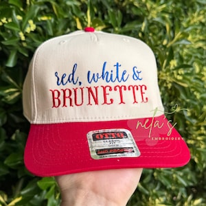 patriotic red, white & brunette embroidered hat , red white and blonde hat, patriotic embroidered hat, 4th of July hat