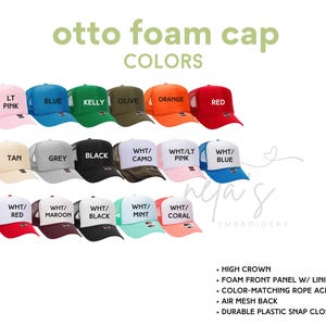 May include: A variety of foam trucker hats in different colors and designs. The hats feature a high crown, foam front panel, color-matching rope across the front panel, air mesh back, and a durable plastic snap closure. The hats are available in colors such as white, pink, blue, kelly green, olive, orange, red, maroon, tan, grey, black, camo, mint, and coral.