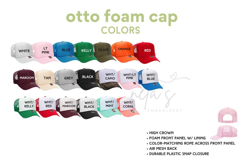 May include: A variety of foam trucker hats in different colors and designs. The hats feature a high crown, foam front panel, color-matching rope across the front panel, air mesh back, and a durable plastic snap closure. The hats are available in colors such as white, pink, blue, kelly green, olive, orange, red, maroon, tan, grey, black, camo, mint, and coral.