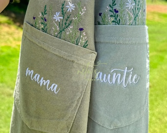 comfort colors embroidered wildflower pocket tee, add name, pocket shirt for mom, mother's day shirt, flower tee, auntie shirt, grandma