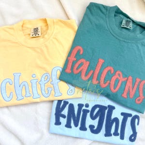comfort colors custom embroidered school letter applique t-shirt, mascot shirt, tone on tone, any word, dance team shirt, school spirit image 2