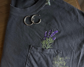 cute lavender embroidered pocket tee, flower comfort colors shirt, trendy t-shirt