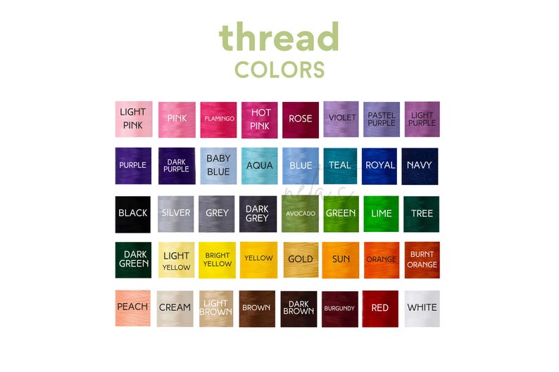 May include: A color chart showing thread colors for embroidery and sewing. The chart includes a variety of colors, including pink, purple, blue, green, yellow, orange, brown, red, and white.