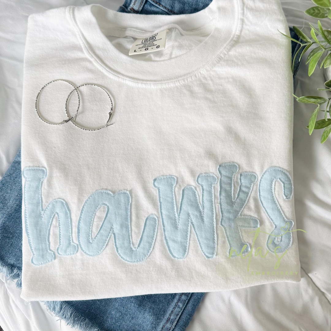 comfort colors custom embroidered school letter applique t-shirt, mascot shirt, tone on to