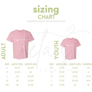 May include: A sizing chart for a short sleeve tee featuring two pink t-shirts labeled Adult and Youth. The chart displays width and length measurements in inches for sizes S through 2XL for adults and XS through XL for youth, including numerical sizes.