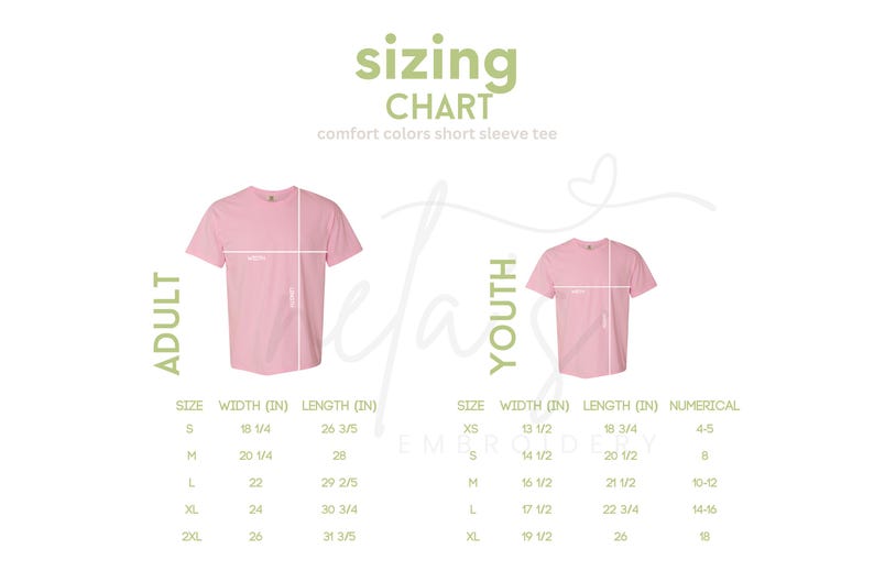 May include: A sizing chart for a short sleeve tee featuring two pink t-shirts labeled Adult and Youth. The chart displays width and length measurements in inches for sizes S through 2XL for adults and XS through XL for youth, including numerical sizes.