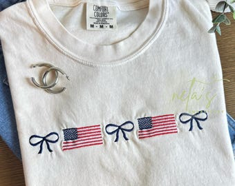 bow and American flag embroidered comfort colors shirt, fourth of july tee, cute coquette patriotic shirt, dainty bow tee