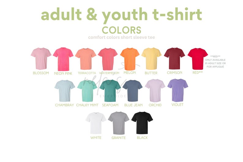 May include: A color chart for adult and youth short sleeve t-shirts featuring nineteen solid color options including blossom, neon pink, terracotta, watermelon, melon, butter, crimson, red, chambray, chalky mint, seafoam, blue jean, orchid, violet, white, granite, and black.